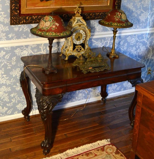 Handsome Antique Victorian Rosewood Library Table, Carved Legs, Caster Feet, Late 19th C.