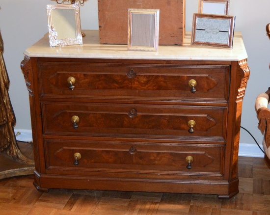 Antique Hand Made Marble Top Burled Walnut Dresser, Drop Pulls, Late 19th C.