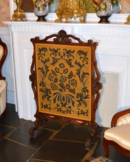 Lovely Antique Hand Carved Walnut & Embroidery Fire Screen, Mid 19th C.