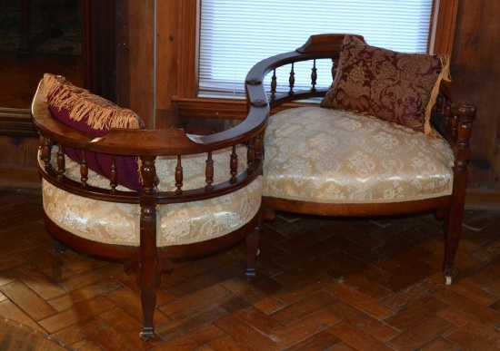 Charming Antique Cherry Tete a Tete Lover's Chair & 2 Pillows, Damask Upholstery, Mid 19th C.