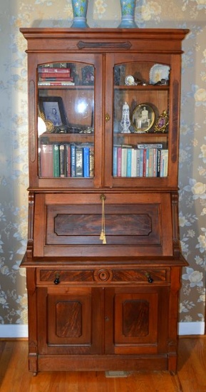 Antique Carved & Burled Walnut Secretary Desk w/ Hutch, Caster Feet, Drop Pulls, Late 19th C.