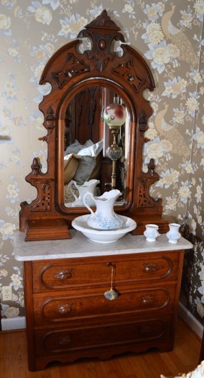 Antique Hand Made Renaissance Revival Marble Top Carved Walnut Dresser & Mirror