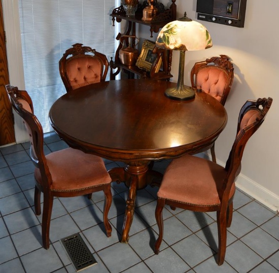 Set (4) Vtg. Carved Mahogany Victorian Style Dusky Rose Upholstered Dining Chairs, Mid-Late 20th C.