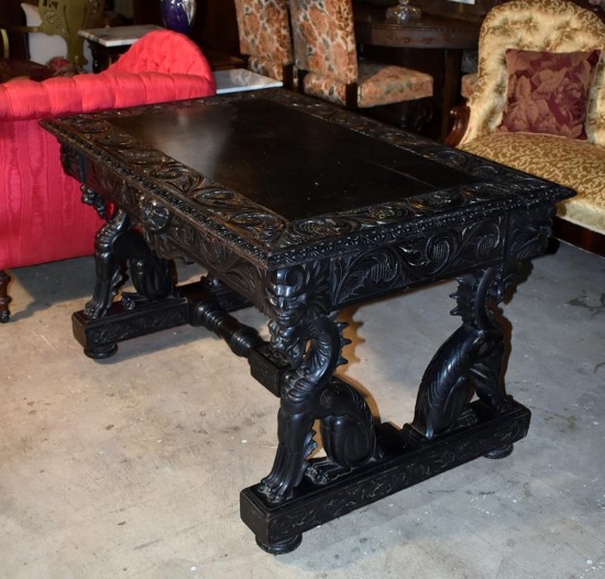 Fanciful Antique Gothic Revival Hand Carved & Ebonized Oak Library Table. Mid 19th C.
