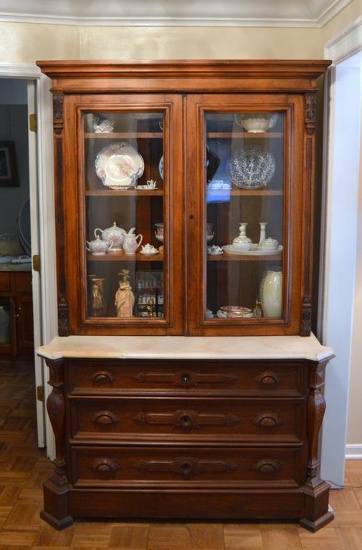 Antique Victorian Marble Top Walnut Dresser With Victorian Walnut Hutch, Mid 19th C.