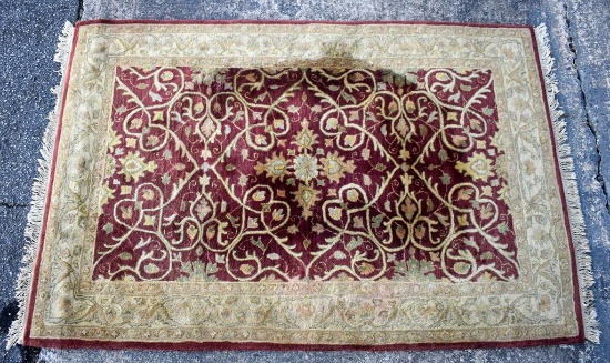 Hand Made Wool & Cotton Burgundy & Sage Rug, 5' 3” x 8' 4”, Made In India, Late 20th C.