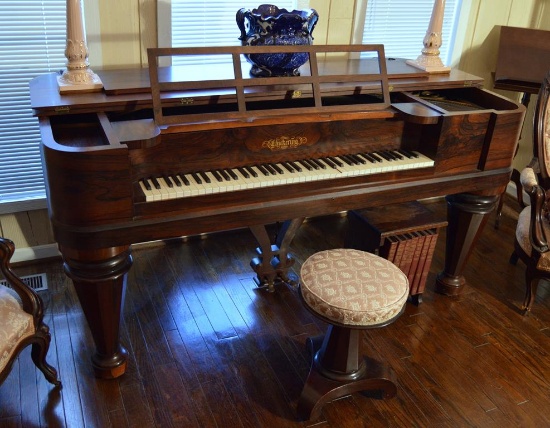 Antique (1850) Chickering Boston Empire Style Piano & Stool, Gorgeous Burled Rosewood Case