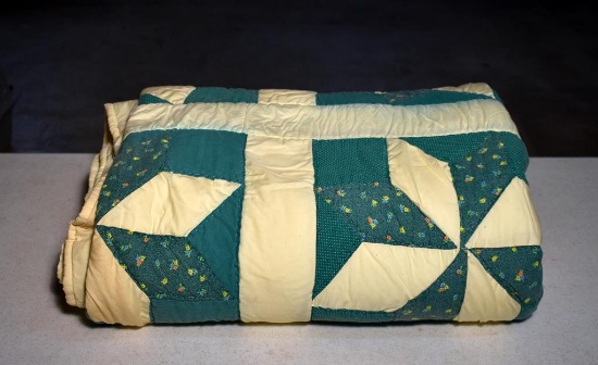 Vintage Green & Light Yellow Quilt, 78 x 84”