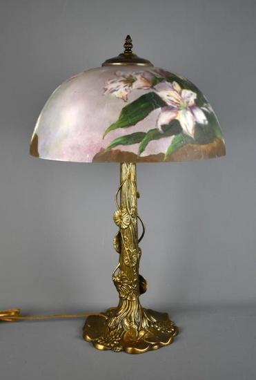 Reverse Painted Floral Glass Shade Lamp w/ Bronzed Finish Sculptural Base, 25” H