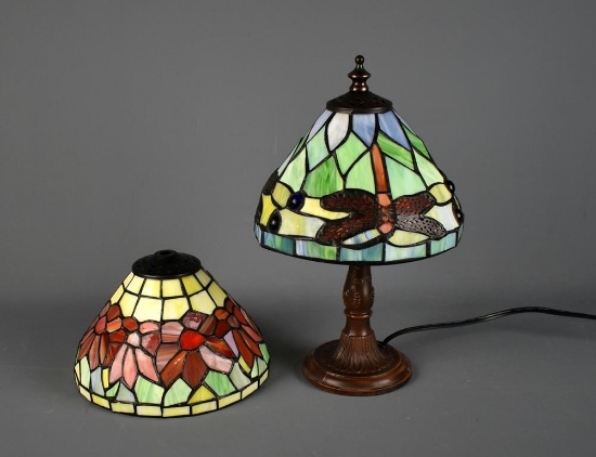 Tiffany Style Stained Glass Accent Lamp w/ Two Interchangeable Shades, DragonFly & Poinsettia, 12” H