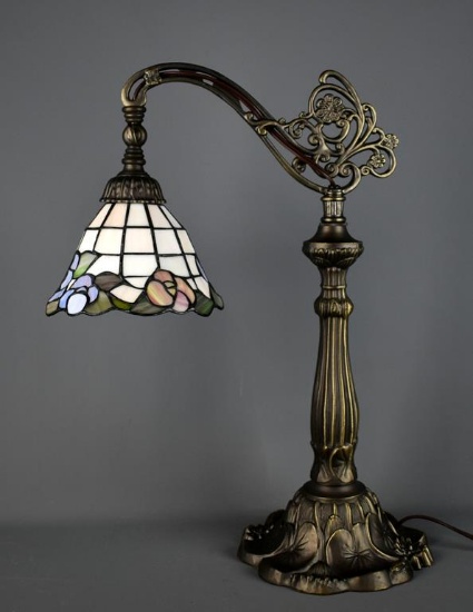 Tiffany Style Stained Glass Lamp w/ Bronzed Finish Sculptural Base & Arm, 22” H