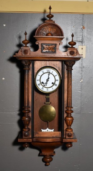 Antique Walnut Case Wall Clock, Porcelain Dial