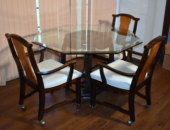 Chinese Chippendale, Style Of James Mont, Hexagonal Breakfast Table, Glass Top