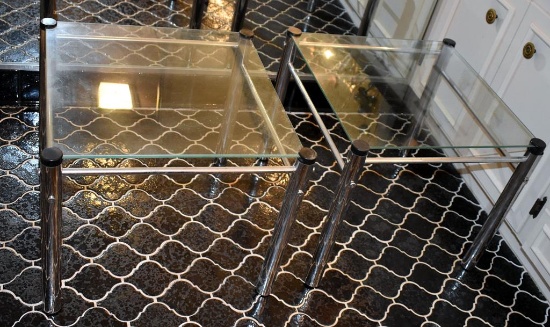 Pair of MCM Hollywood Regency Side Tables. Glass & Chrome