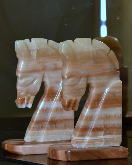 Pair Of Brown Onyx Horse Head Bookends