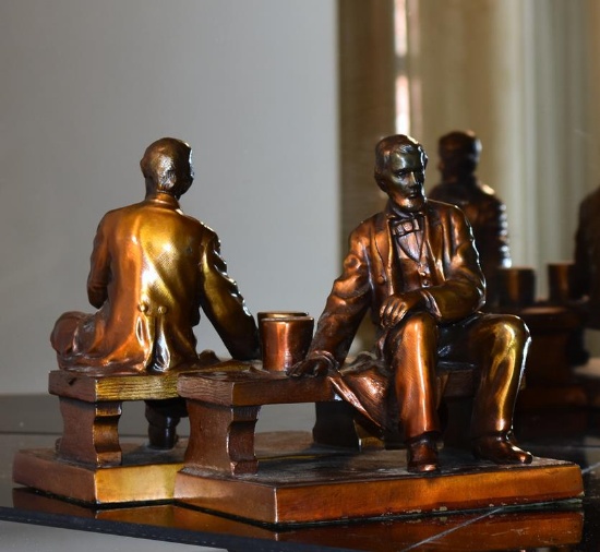 Pair Of Abraham Lincoln Sitting On Bench Bookends, Bronze Finish On Cast Metal