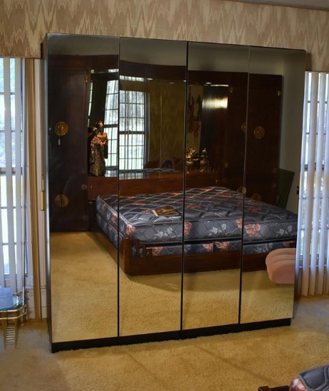 Pair of Coordinating Hollywood Regency Modern Mirrored Wardrobe Armoires, One w/ Drawers