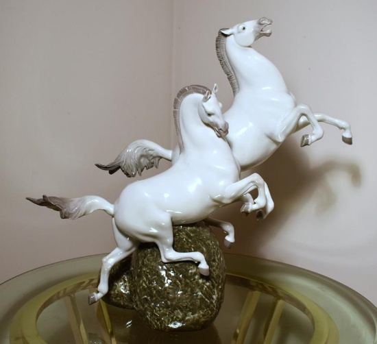 Lladro, Fine Large 20” H Porcelain Two White Horses Figurine