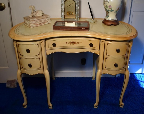 Vintage Light Yellow Ocher Painted & Stenciled Ladies Kidney Desk By A V & P Co.