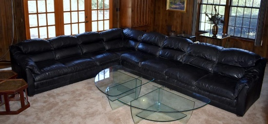 Black Leather Pit Group Sectional Sofa By Emerson Leather, Hickory, NC