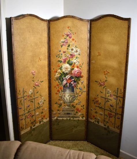 Hand Painted Leather 3-Panel Privacy Screen