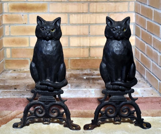 Cast Iron Black Cat Andirons w/ Yellow-Green Glass Eyes