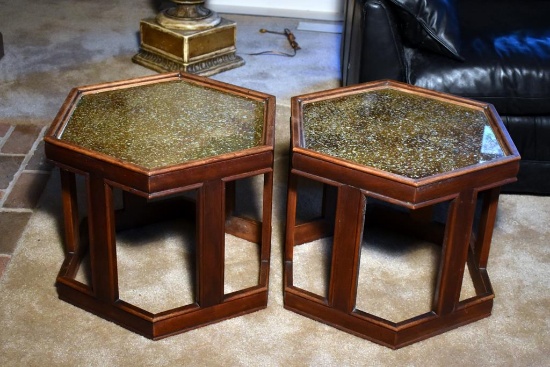 Pair of John Keal For Brown-Saltman Mid-Century Modern End Tables; Metallic Stone Tops