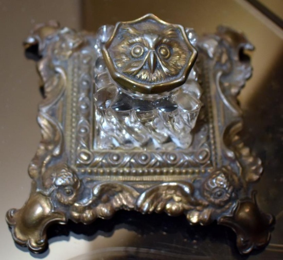 Antique H.J. Judd Bronze Finish Cast Metal Inkstand #4411, Owl Motif, Original Glass Bottle