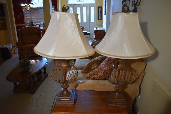 Pair of Contemporary Open Work Bronzed Finish Metal Table Lamps
