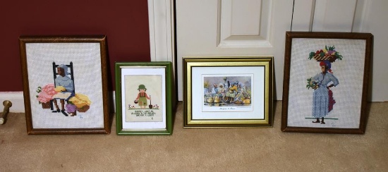 Lot Of Four Framed Art Print Or Embroidery
