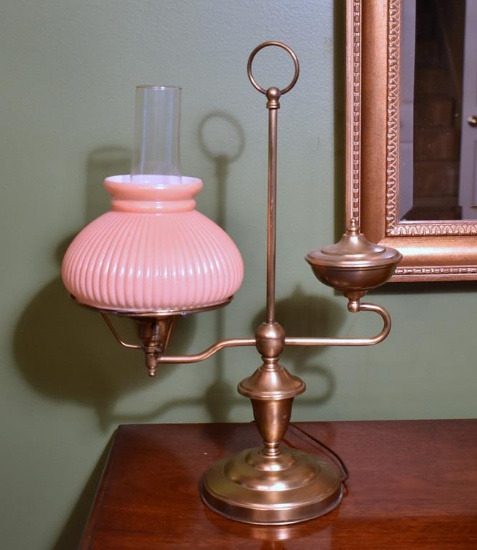 Antique Single Student Brass Lamp, Pink Cased Glass Shade, Electric