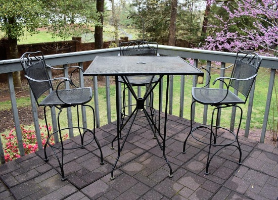 Black Wrought Metal High Top Patio Table and Three Chairs