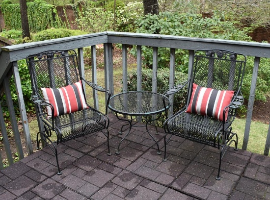 Black Wrought Metal Patio Round Side Table and Two Chairs, Two Pillows