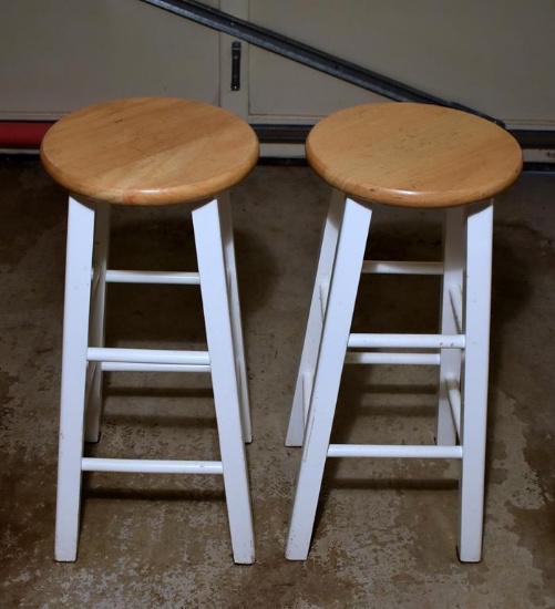 Pair Of White & Natural Finish Barstools