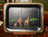 Decorative Handpainted Giraffes Tray and Wooden Easel Stand