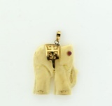 14K Yellow Gold Mounted Elephant Pendant, Natural Substance, 1.25 Inches H