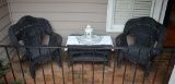 Lot of Three Porch / Patio Black Wicker Furniture: Table & Two Chairs, Tray, Lantern