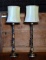 Pair of Buffet Electric Lamps, Black & Tole Painted with Beaded Pulls and Beige Shades