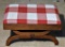 Antique Walnut Footstool with Curved Legs and Buffalo Check Upholstered Cushion