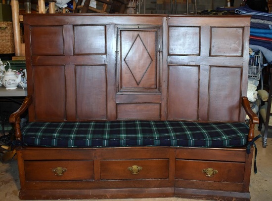 Antique 19th C. English Pub Bench with Lamont Tartan Upholstered Seat Cushion