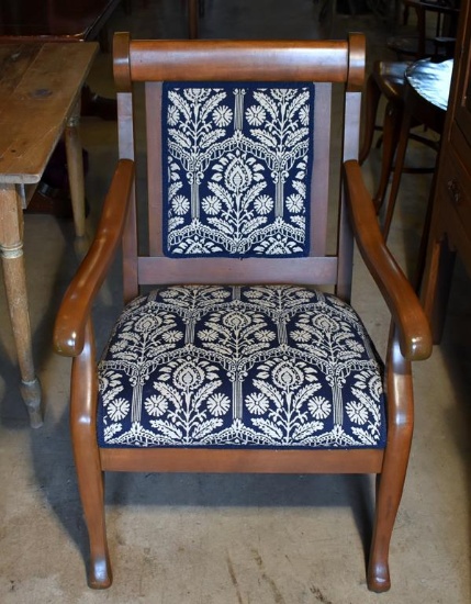 Fine Hardwood Scrolling Arm Chair with Navy/White Upholstered Seat and Back