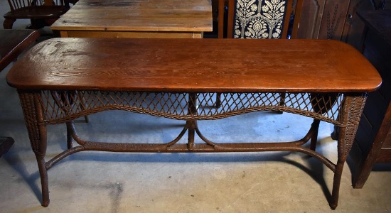 Oak Top Console Table with Rattan Wicker Base from Estate of Mac McKinney, T. Rest, S.C.