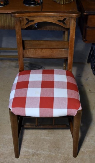 Antique Oak Church / Chapel / School Chair w/ Hymnal Rack, Buffalo Check Cushion, Trident Cutouts