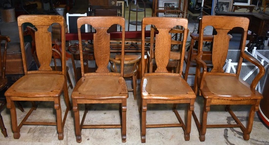 Set 4 Antique Oak Dining Chairs with Hand Tooled Leather Seats. One Master Chair, Three Side Chairs