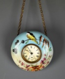 Elegant Antique E.N Welch Co. Hand Painted Porcelain Hanging Clock, Birds and Flowers