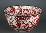 Antique Red & White Swirl Graniteware Bowl, 12” Diameter
