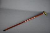 Vintage Sectional Wooden Cane w/ Brass Dog's Head Handle, Hidden Glass Vial