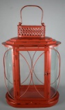 Large Red Decorative Metal Candle Lantern with Curved Glass Sides, Glass Door