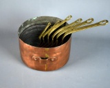 Set of 7 Copper Pots, Brass Handles, Graduated Sizes