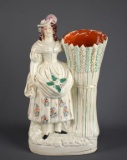 Antique (C. 1840) Staffordshire Pearlware Flatback 14” Figural Vase, “Peasant Girl With Wheat Sheaf